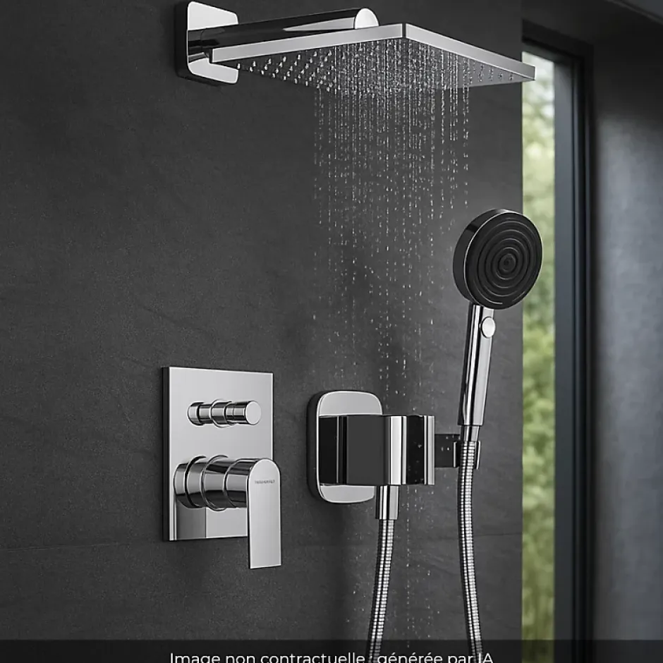Hansgrohe Colonne de douche encastrée mécanique Vernis Shape Douche de tête Vernis Shape Flexible Isiflex Douchette Pulsify chromé