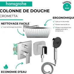 Hansgrohe Colonne de douche encastrée mécanique Vernis Shape Douche de tête Vernis Shape Flexible Isiflex Douchette Pulsify chromé