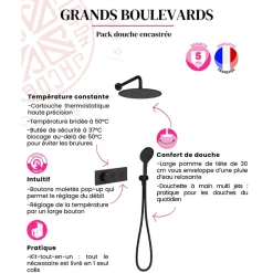 Jacob Delafon Colonne de douche encastrée thermostatique Grands Boulevards ronde noire mate