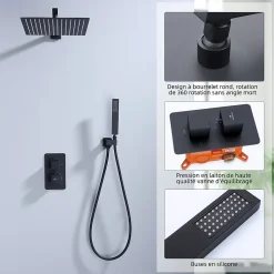 Homelody Colonne de Douche Encastrée Noir Système de Douche Thermostat en Laiton avec Tête de Douche Carrée 30x30CM* Colonne De Douche Encastrable