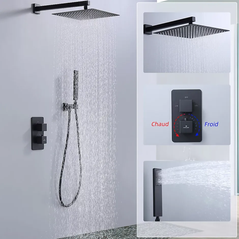 Homelody Colonne de Douche Encastrée Noir Système de Douche Thermostat en Laiton avec Tête de Douche Carrée 30x30CM