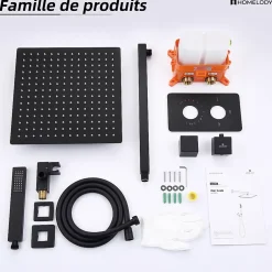 Homelody Colonne de Douche Encastrée Noir Système de Douche Thermostat en Laiton avec Tête de Douche Carrée 30x30CM