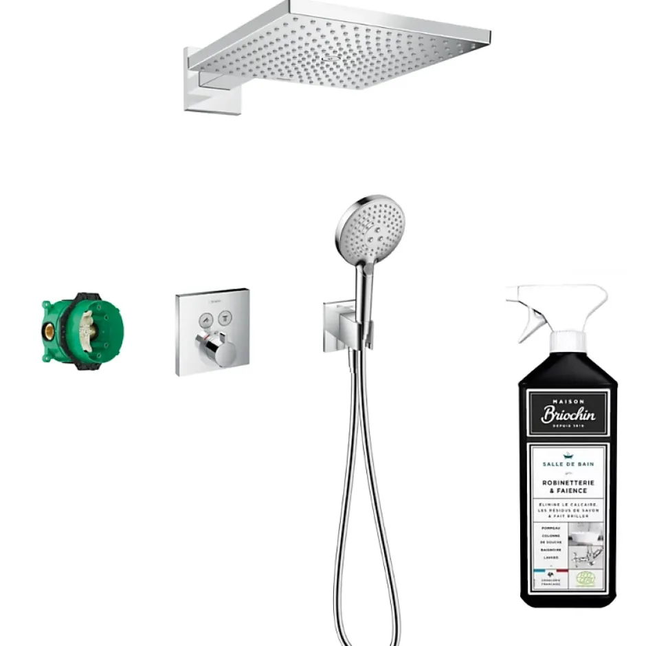 Hansgrohe Colonne de douche encastrée thermostatique ShowerSelect Square chromé + nettoyant Briochin* Colonne De Douche Encastrable