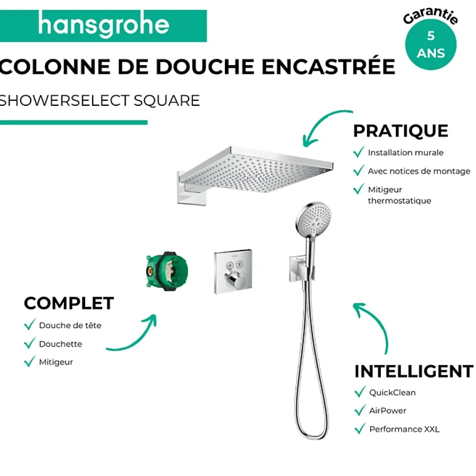 Hansgrohe Colonne de douche encastrée thermostatique ShowerSelect Square chromé + nettoyant Briochin* Colonne De Douche Encastrable