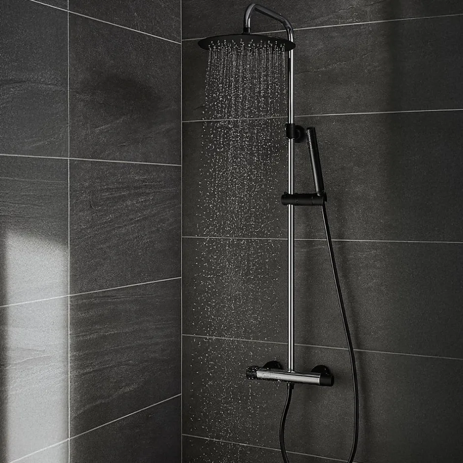 Essebagno Colonne de douche façon inox et noir avec thermostatique Kissy* Colonne De Douche Thermostatique