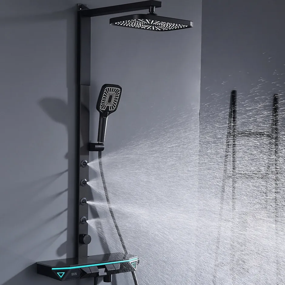 Homelody Colonne de Douche Hydromassante Thermostatique Noir avec LED et Affichage Numérique, Ensemble Complet avec Étagère de Rangement