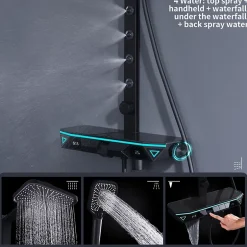 Homelody Colonne de Douche Hydromassante Thermostatique Noir avec LED et Affichage Numérique, Ensemble Complet avec Étagère de Rangement