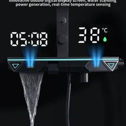Homelody Colonne de Douche Hydromassante Thermostatique Noir avec LED et Affichage Numérique, Ensemble Complet avec Étagère de Rangement