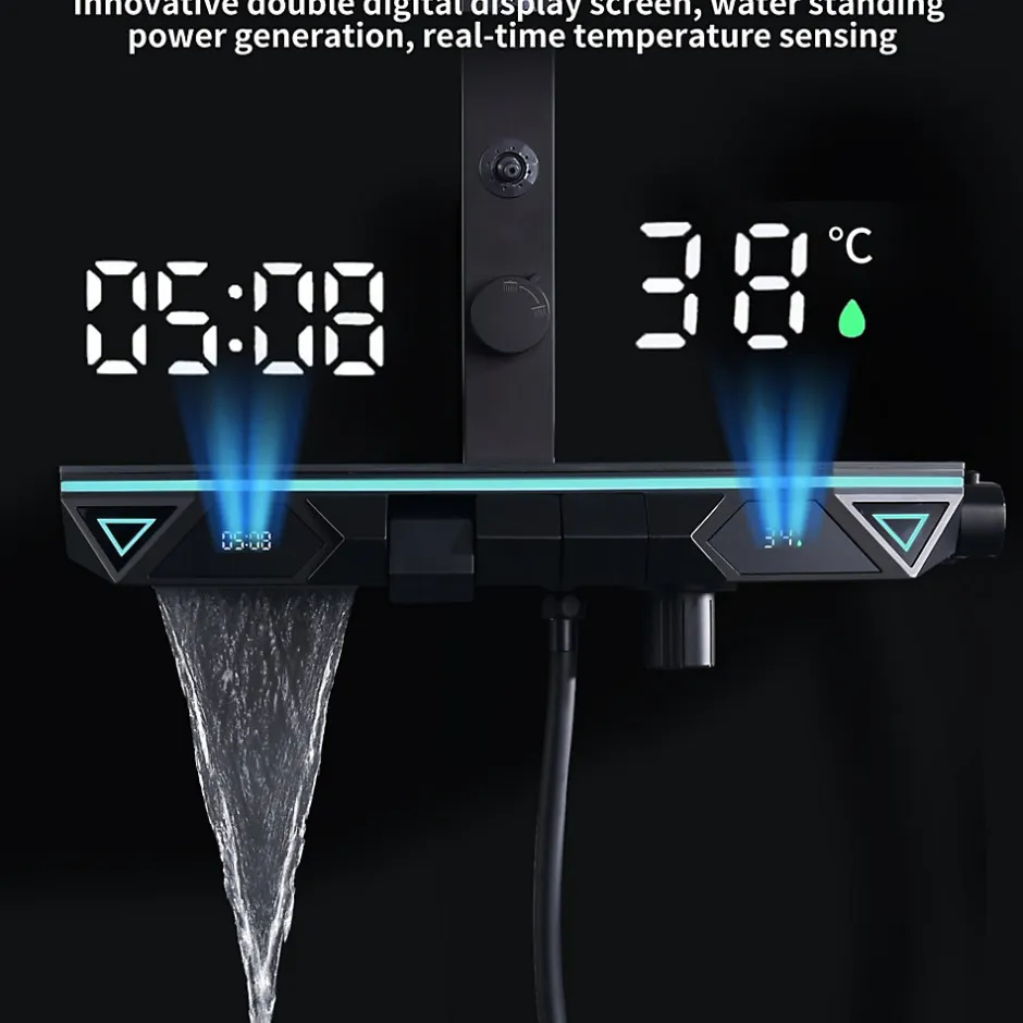 Homelody Colonne de Douche Hydromassante Thermostatique Noir avec LED et Affichage Numérique, Ensemble Complet avec Étagère de Rangement
