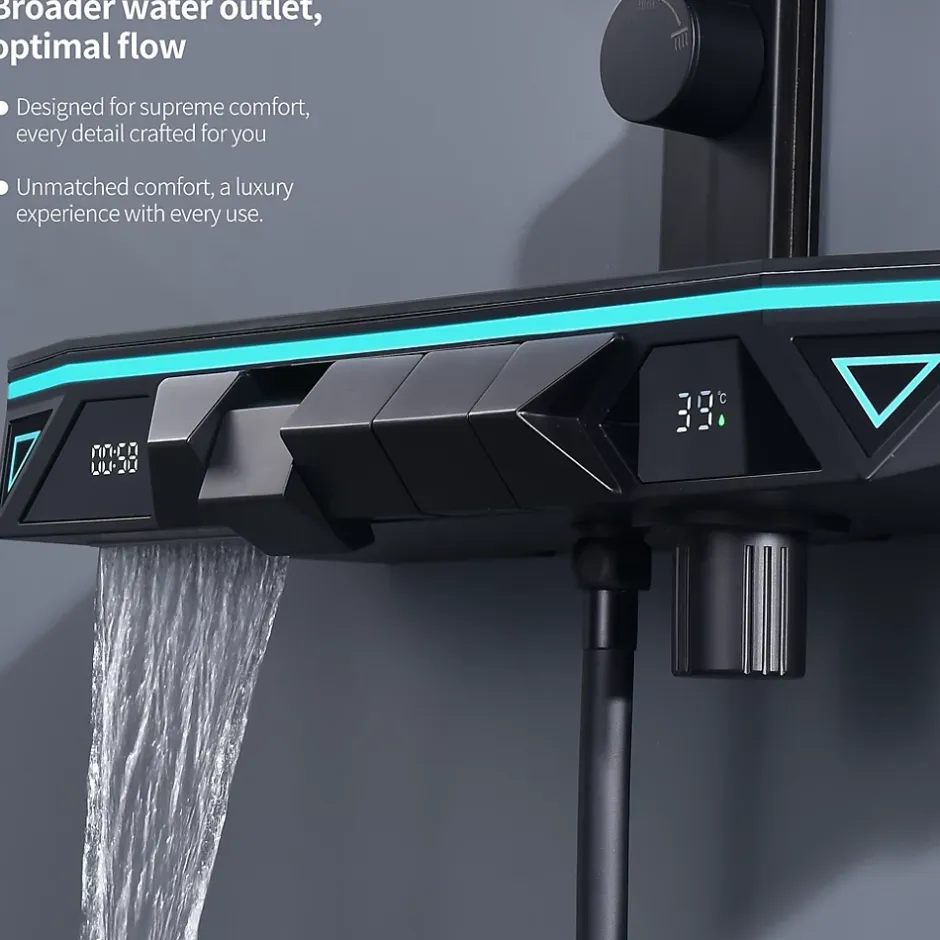 Homelody Colonne de Douche Hydromassante Thermostatique Noir avec LED et Affichage Numérique, Ensemble Complet avec Étagère de Rangement