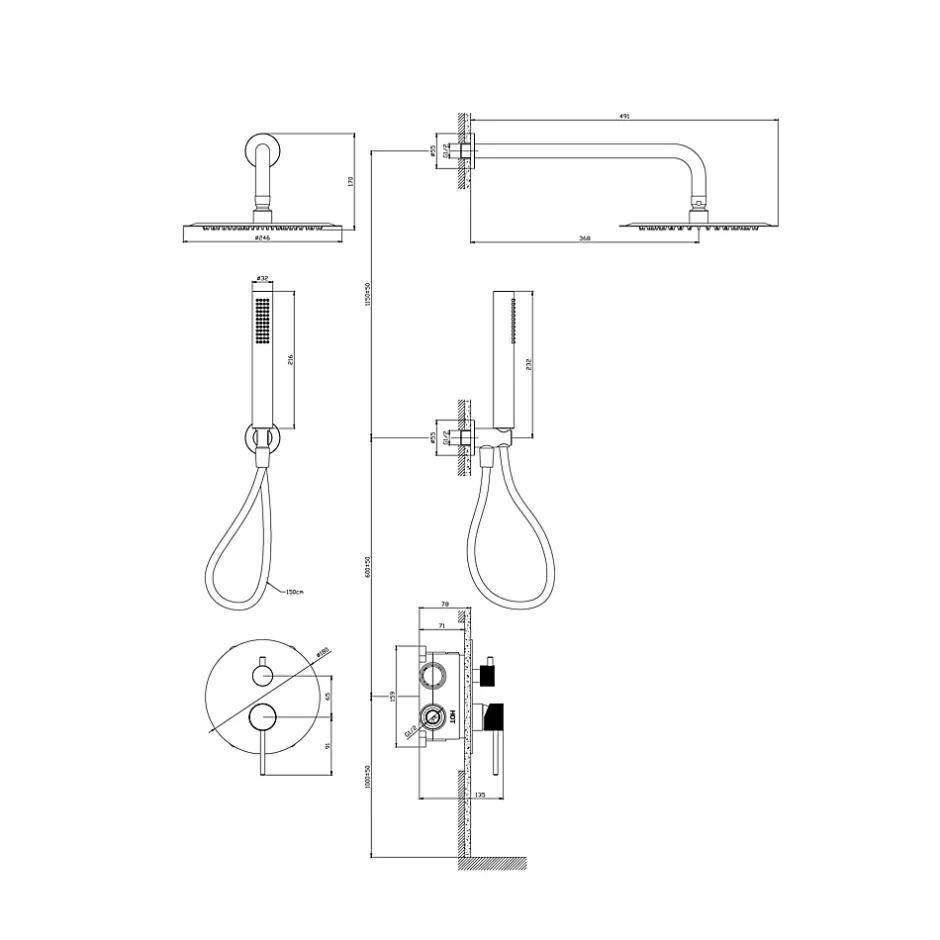 GoodHome Colonne de douche mécanique encastrée en laiton massif finition noir mat, Owens