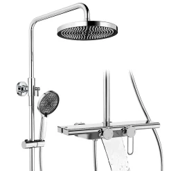 Homelody Colonne de Douche Mécanique avec Étagère 40 cm et Cascade Douchette 5 Jets et Jet Pluie Hauteur Réglable 940 a 1200 mm Chromé
