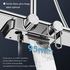 Homelody Colonne de Douche Mécanique avec Étagère 40 cm et Cascade Douchette 5 Jets et Jet Pluie Hauteur Réglable 940 a 1200 mm Chromé