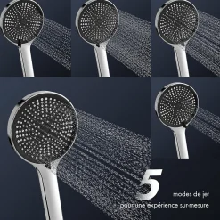 Homelody Colonne de Douche Mécanique avec Étagère 40 cm et Cascade Douchette 5 Jets et Jet Pluie Hauteur Réglable 940 a 1200 mm Chromé