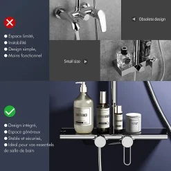 Homelody Colonne de Douche Mécanique avec Étagère 40 cm et Cascade Douchette 5 Jets et Jet Pluie Hauteur Réglable 940 a 1200 mm Chromé