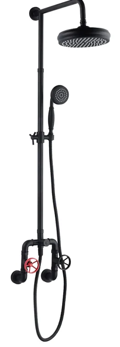 Edouard Rousseau Colonne de douche mécanique avec pommeau + douchette 1 jet + flexible + barre réglable, noir, Industriel