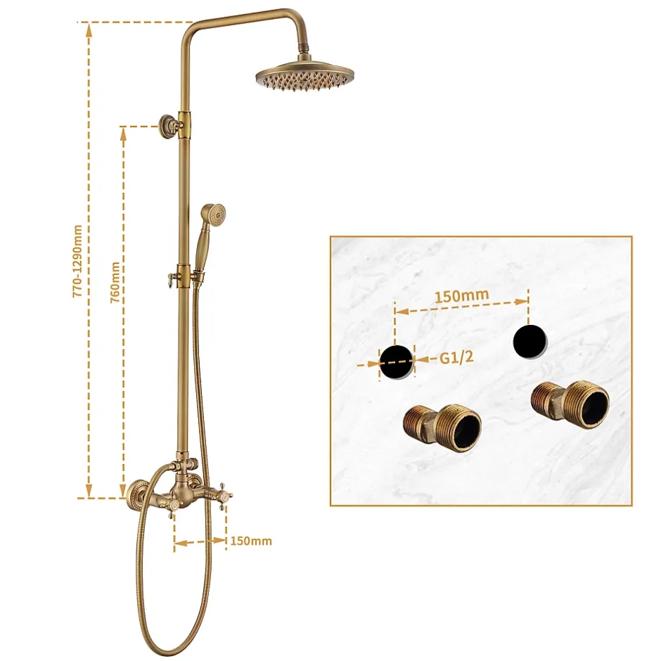 Homelody Colonne de Douche Mécanique Ensemble de Douche à Double Poignée Rétro Système de Douche Réglable Kit de Douche en Laiton