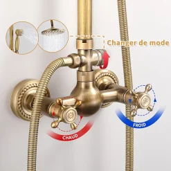 Homelody Colonne de Douche Mécanique Ensemble de Douche à Double Poignée Rétro Système de Douche Réglable Kit de Douche en Laiton