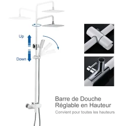 Homelody Colonne de Douche Peinture Blanc Ensemble de Douche Hauteur Réglable avec Mitigeur Mécanique Moderne pour Salle de Bain