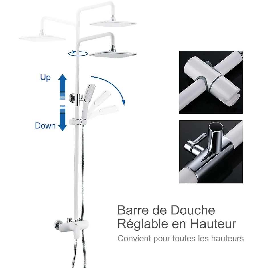 Homelody Colonne de Douche Peinture Blanc Ensemble de Douche Hauteur Réglable avec Mitigeur Mécanique Moderne pour Salle de Bain