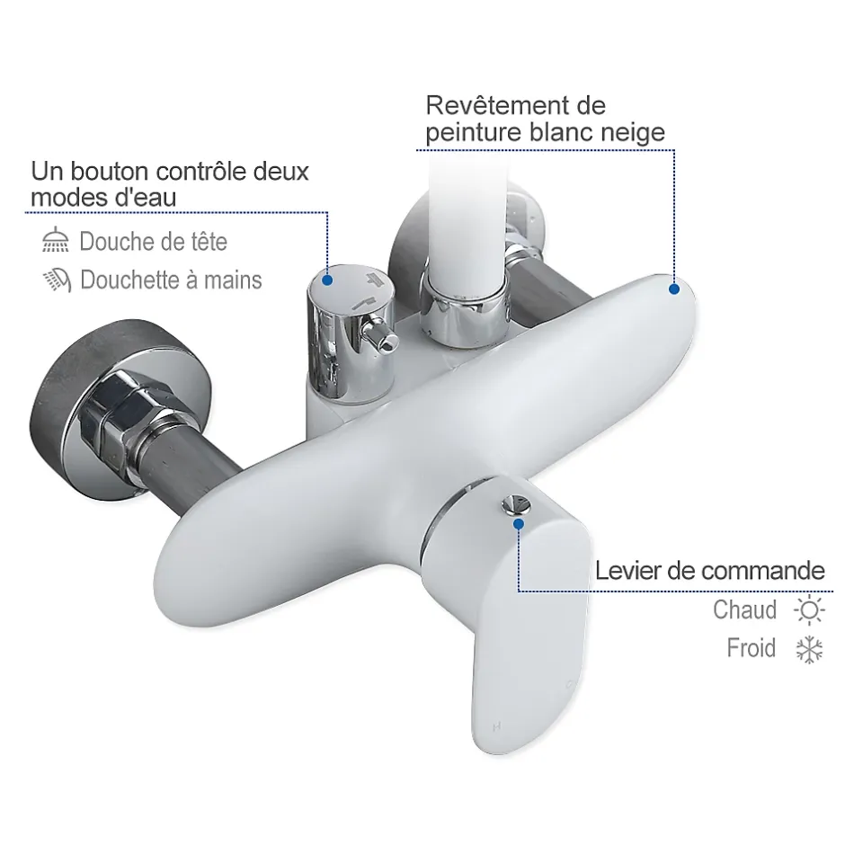 Homelody Colonne de Douche Peinture Blanc Ensemble de Douche Hauteur Réglable avec Mitigeur Mécanique Moderne pour Salle de Bain