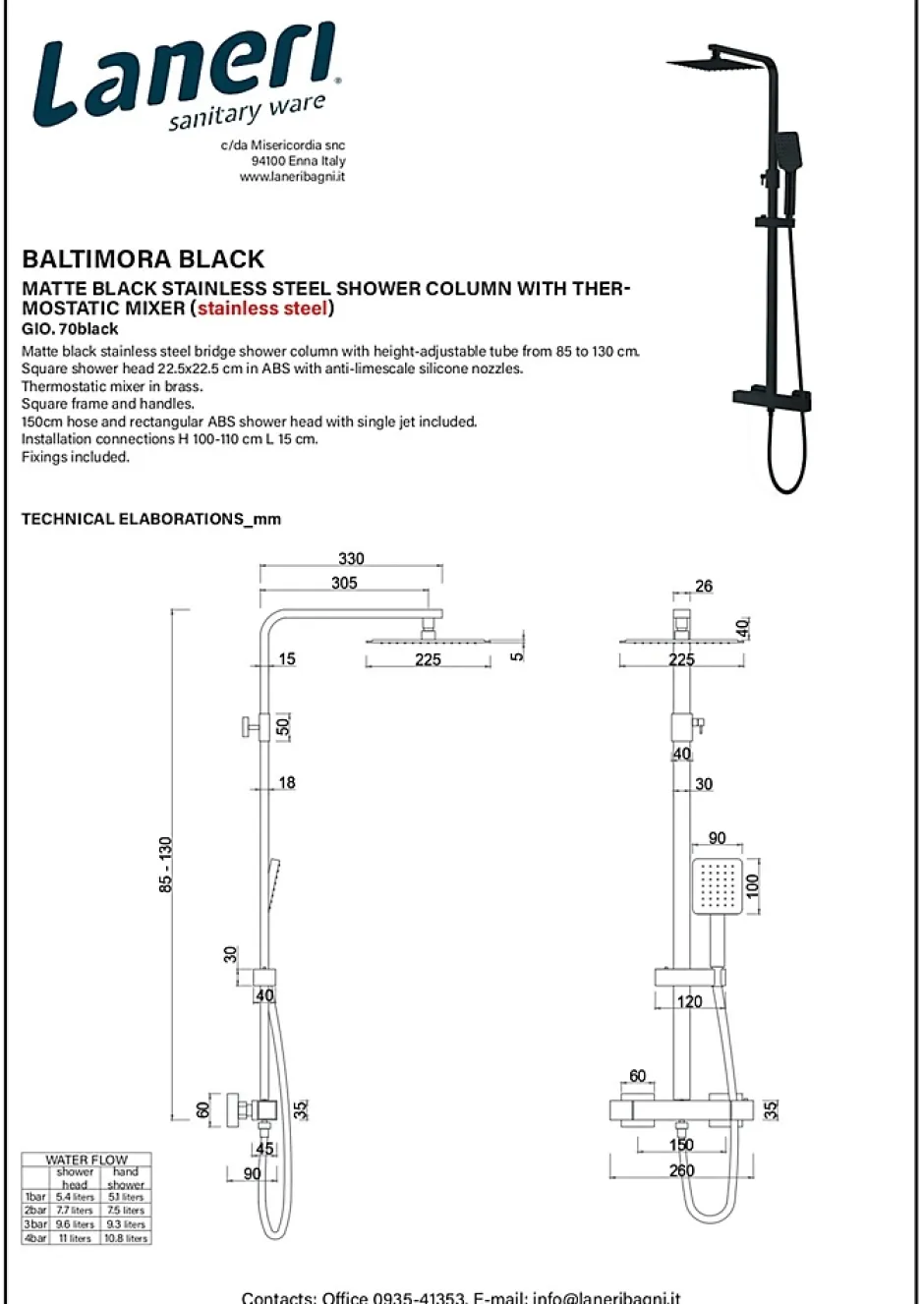 Laneri COLONNE DE DOUCHE PONT EN ACIER NOIR MAT, THERMOSTATIQUE