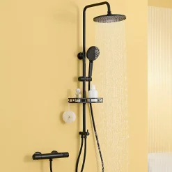Auralum Max Colonne de Douche, Réglable Hauteur avec Étagère Douche Set kit Douche sans Robinet avec Pommeau Douche Rond 25cm,Noir