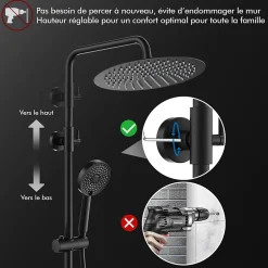 Homelody Colonne de Douche Sans Mitigeur Systeme de Douche Effet Pluie Douchette 3 Fonctions Hauteur Reglable 500 a 1220 mm Inox Noir* Colonne De Douche Sans Robinetterie