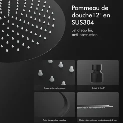 Homelody Colonne de Douche Sans Mitigeur Systeme de Douche Effet Pluie Douchette 3 Fonctions Hauteur Reglable 500 a 1220 mm Inox Noir* Colonne De Douche Sans Robinetterie
