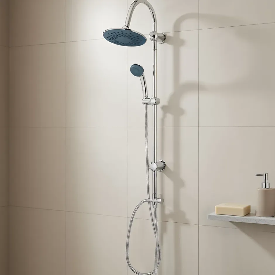 Colonne de douche sans robinetterie avec pommeau + douchette 1 jet + support + flexible 150 cm en inox chromé Nakri