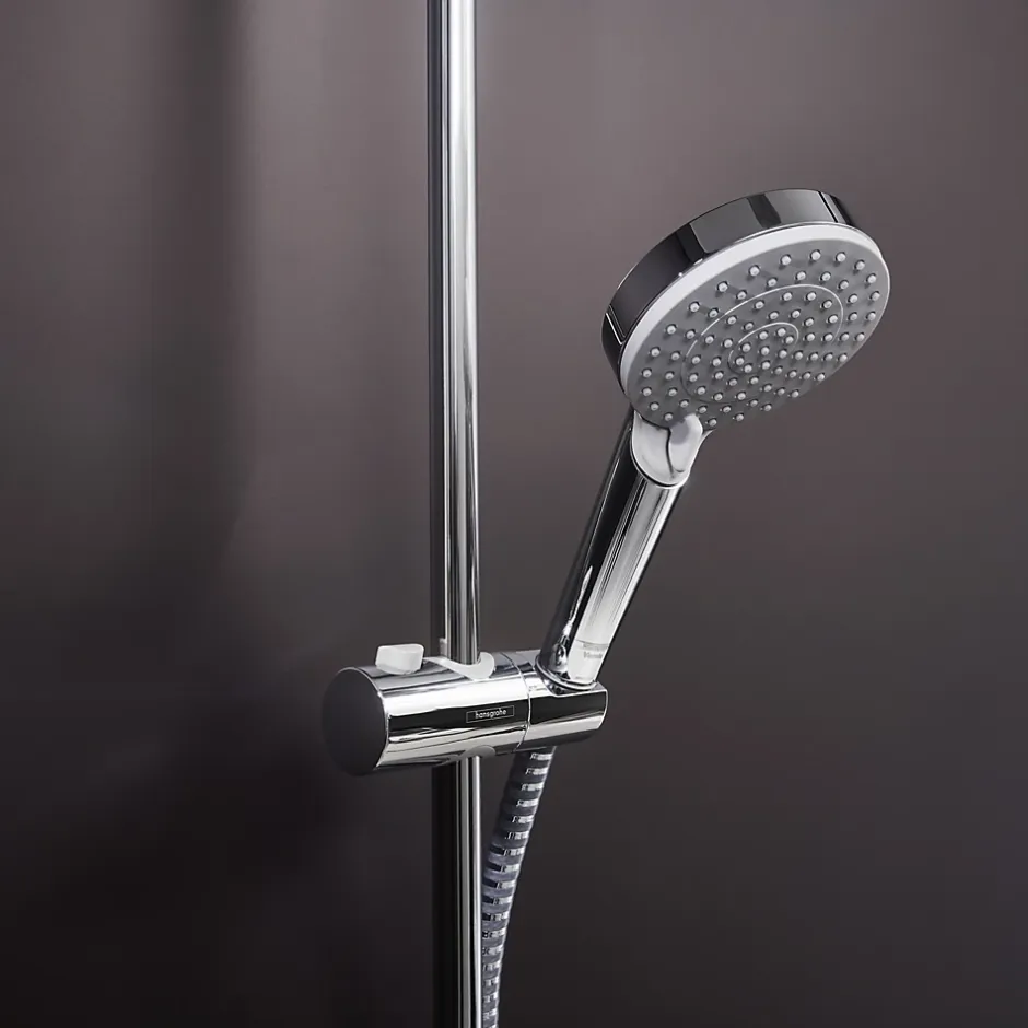 Hansgrohe Colonne de douche sans robinetterie avec pommeau + douchette 2 jets + flexible + barre réglable, chrome, Vernis Shape* Colonne De Douche Sans Robinetterie