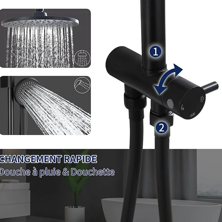 Homelody Colonne de Douche sans Robinetterie Effet Pluie avec Douchette 3 Fonctions Noir pour Salle de Bain* Colonne De Douche Sans Robinetterie
