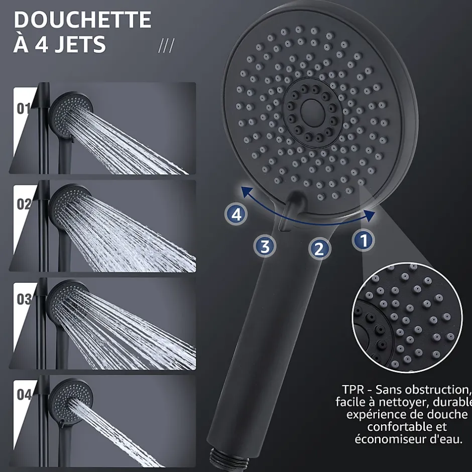 Homelody Colonne de Douche sans Robinetterie Effet Pluie avec Douchette 3 Fonctions Noir pour Salle de Bain* Colonne De Douche Sans Robinetterie