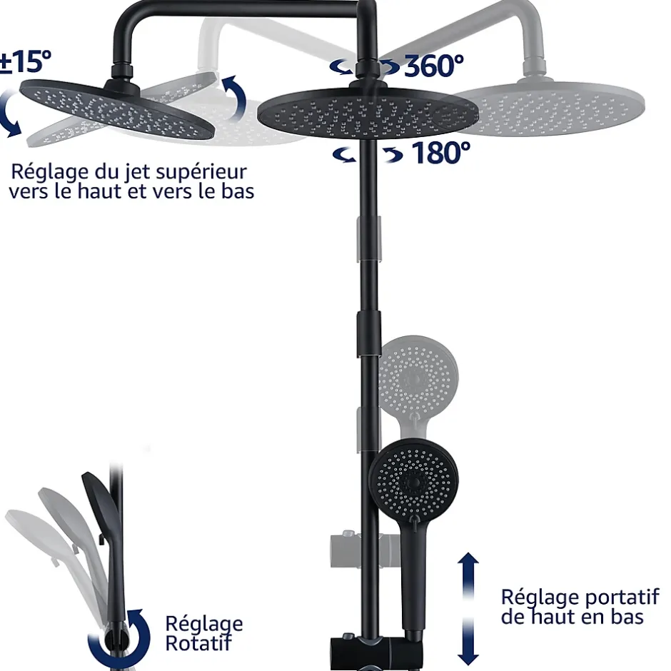 Homelody Colonne de Douche sans Robinetterie Effet Pluie avec Douchette 3 Fonctions Noir pour Salle de Bain* Colonne De Douche Sans Robinetterie