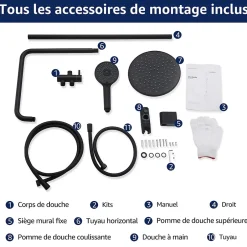 Homelody Colonne de Douche sans Robinetterie Effet Pluie avec Douchette 3 Fonctions Noir pour Salle de Bain* Colonne De Douche Sans Robinetterie