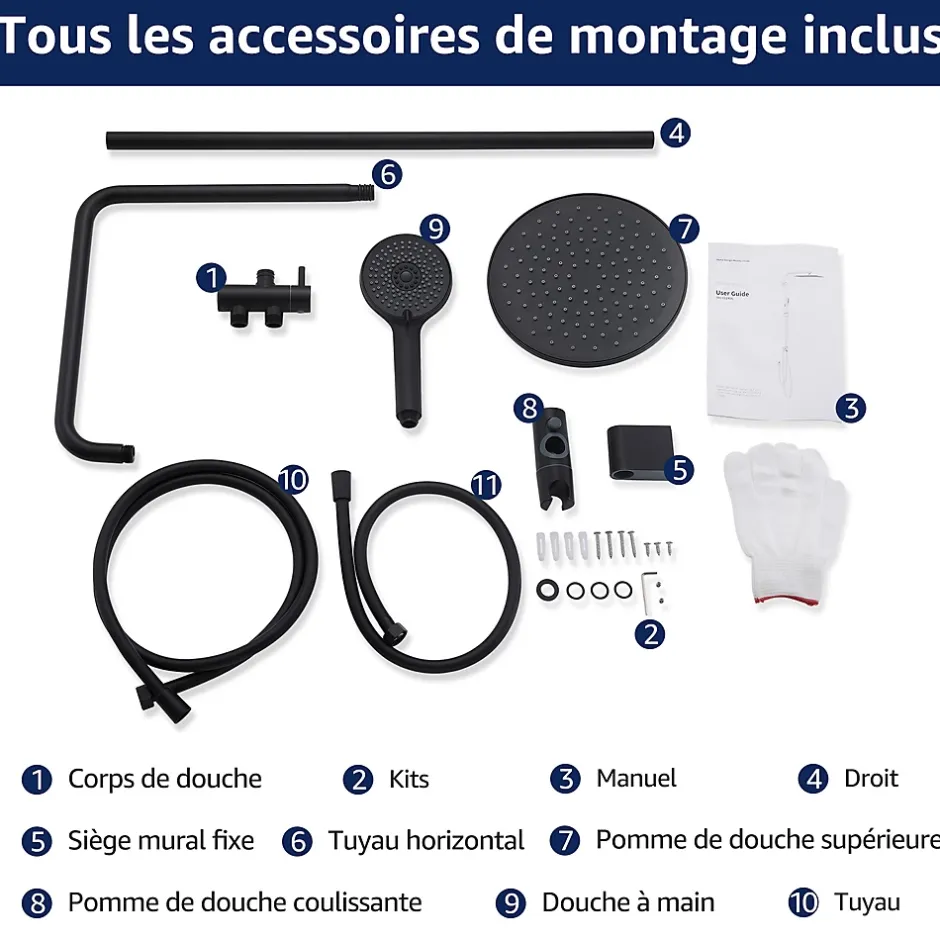 Homelody Colonne de Douche sans Robinetterie Effet Pluie avec Douchette 3 Fonctions Noir pour Salle de Bain* Colonne De Douche Sans Robinetterie