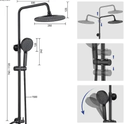 Sofetiy Max Colonne de douche sans robinetterie avec pommeau + douchette 4 jets + flexible + barre réglable, Noir* Colonne De Douche Sans Robinetterie