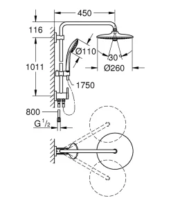 Grohe Colonne de douche sans robinetterie avec pommeau + douchette 3 jets + flexible + barre réglable, chrome, Vitalio Joy System 260* Colonne De Douche Sans Robinetterie