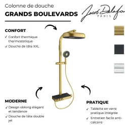 Jacob Delafon Colonne de douche thermostatique Grands Boulevards avec tablette en verre laiton brossé