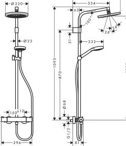 Hansgrohe Colonne de douche thermostatique avec pommeau + douchette 3 jets + flexible + barre réglable, chrome, Waterforms 220* Colonne De Douche Thermostatique