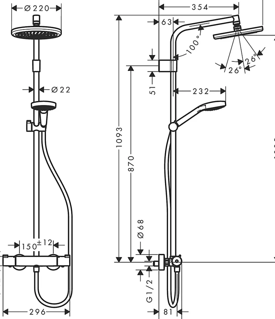 Hansgrohe Colonne de douche thermostatique avec pommeau + douchette 3 jets + flexible + barre réglable, chrome, Waterforms 220* Colonne De Douche Thermostatique