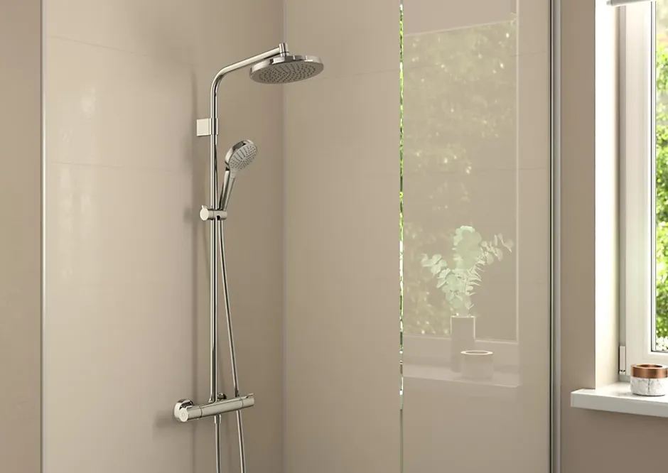 Hansgrohe Colonne de douche thermostatique avec pommeau + douchette 3 jets + flexible + barre réglable, chrome, Waterforms 220* Colonne De Douche Thermostatique