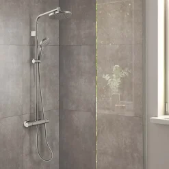 Hansgrohe Colonne de douche thermostatique avec pommeau + douchette 3 jets + flexible + barre réglable, chrome, Waterforms 220* Colonne De Douche Thermostatique