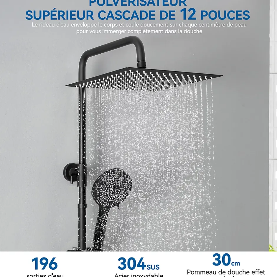 Sofetiy Max Colonne de Douche Thermostatique 5 Fonctions, Ensemble de Douche Noir, Douche avec Tête de Douche de 12 pouces* Colonne De Douche Thermostatique
