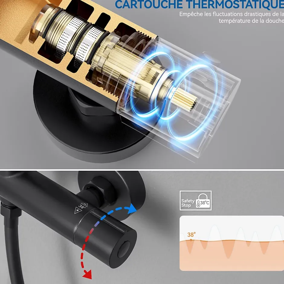 Sofetiy Max Colonne de Douche Thermostatique 5 Fonctions, Ensemble de Douche Noir, Douche avec Tête de Douche de 12 pouces* Colonne De Douche Thermostatique