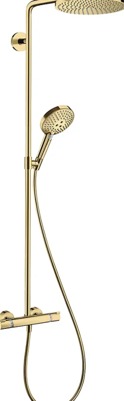 Hansgrohe Colonne de douche thermostatique avec pommeau + douchette 1 jet + flexible + barre réglable, doré, Raindance Select S 240 PowderRain