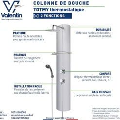 Valentin Colonne de douche thermostatique avec tablette, pomme de tête, douchette et flexible, en aluminium anodisé gris, Totmy