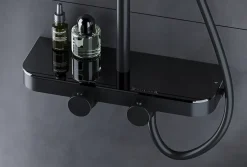 Bernstein Colonne de douche thermostatique hauteur réglable design + tablette acier inox + mitigeur et pommeau Carrés - Noir mat - BS371* Colonne De Douche Thermostatique