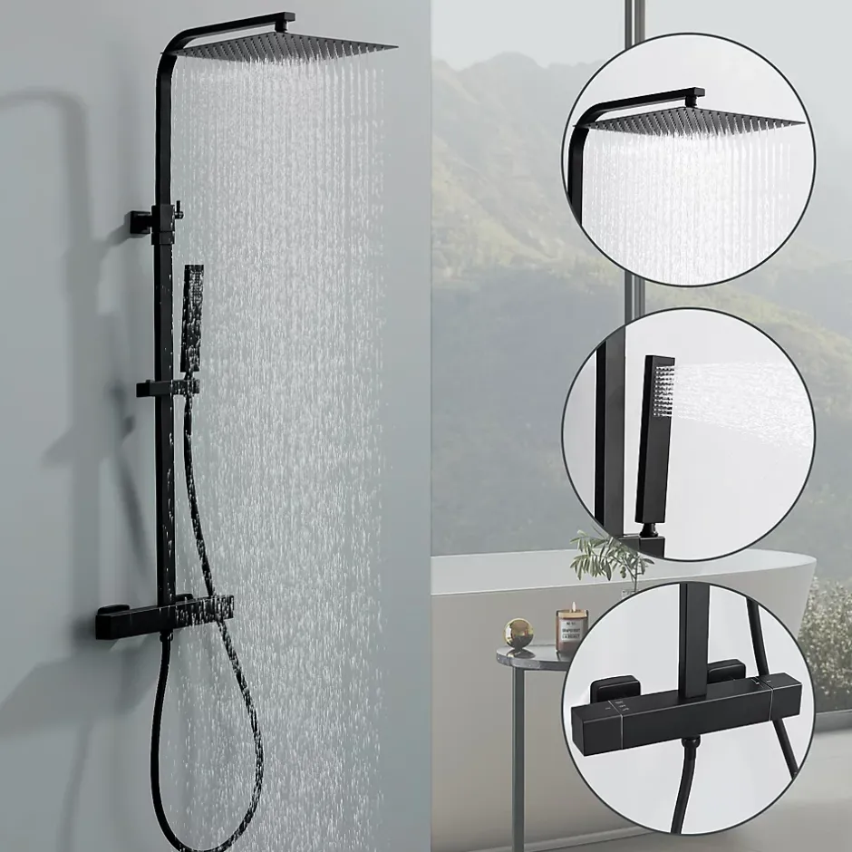 Homelody Colonne de Douche Thermostatique Securite 38C Jet Pluie Hauteur Reglable 855 a 1105 mm Acier Inoxydable Noir pour Salle de Bain