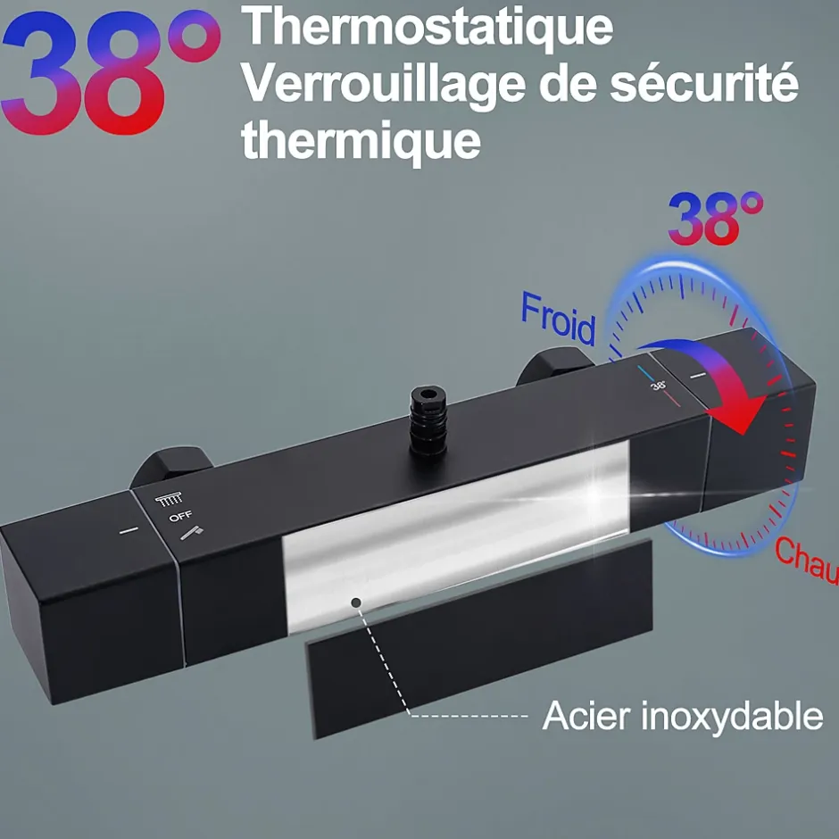 Homelody Colonne de Douche Thermostatique Securite 38C Jet Pluie Hauteur Reglable 855 a 1105 mm Acier Inoxydable Noir pour Salle de Bain